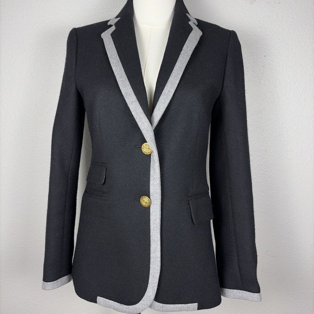 J. Crew Classic Blazer Jacket Womens 2 Black Grey Trim Wool Dark Academia